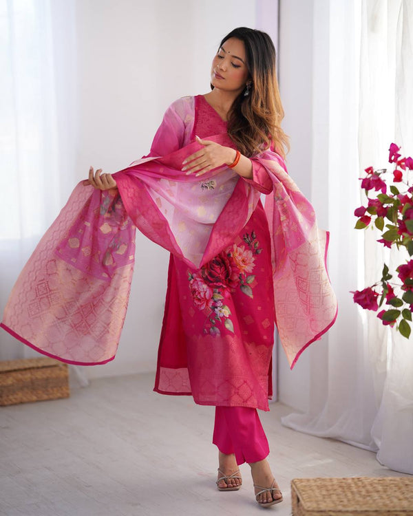 Premium Chanderi Silk Jacquard & Digital Print Suit with Micro Pants