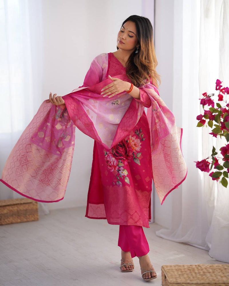 Premium Chanderi Silk Jacquard & Digital Print Suit with Micro Pants