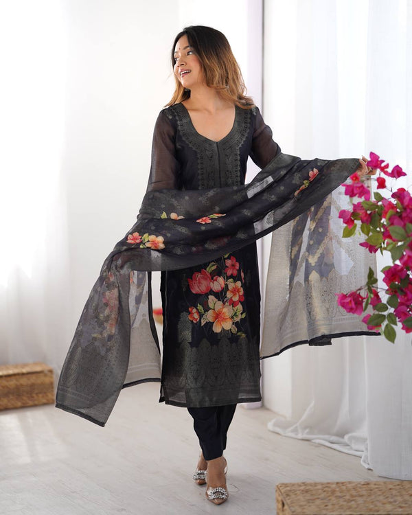 Stylish Jacquard Chanderi Silk Dress Set with Elastic Waist Pants