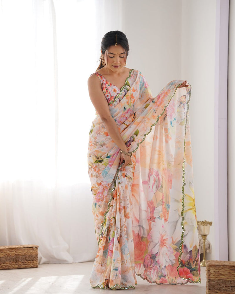 Traditional Kutchi Work Saree with Unstitched Blouse