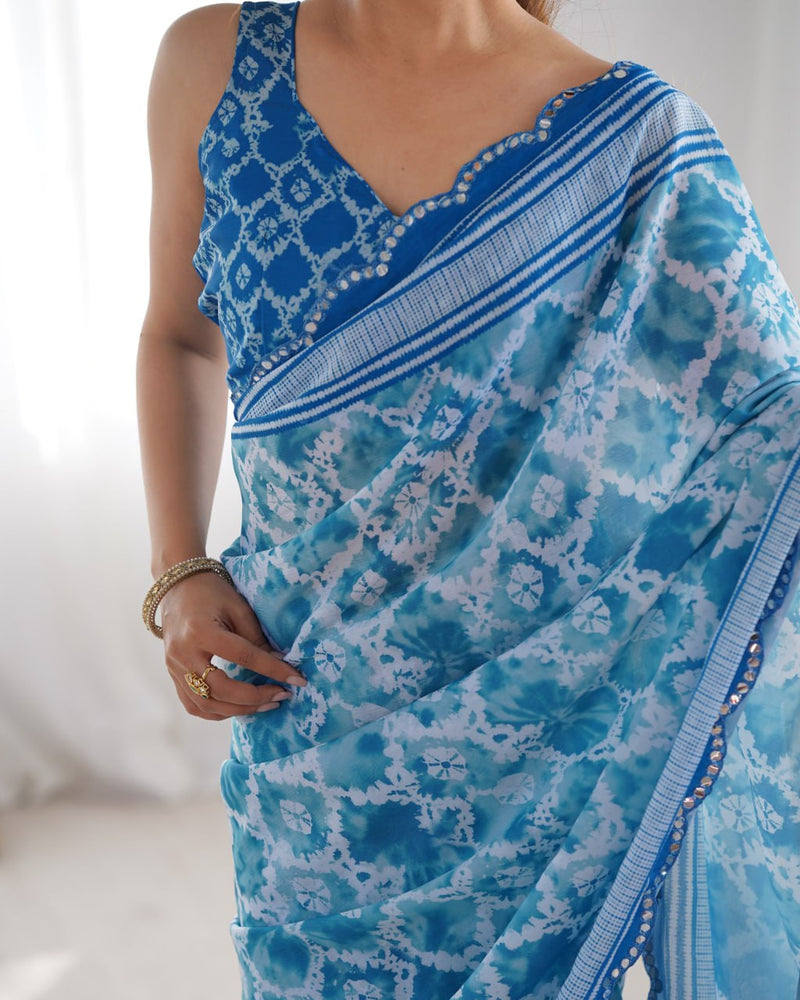 Designer Heavy Chinon Saree with Mirror Work & Unstitched Blouse