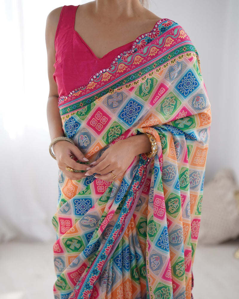 Vibrant Rajasthani Bandhani Patchwork Saree with Rani Pink Blouse