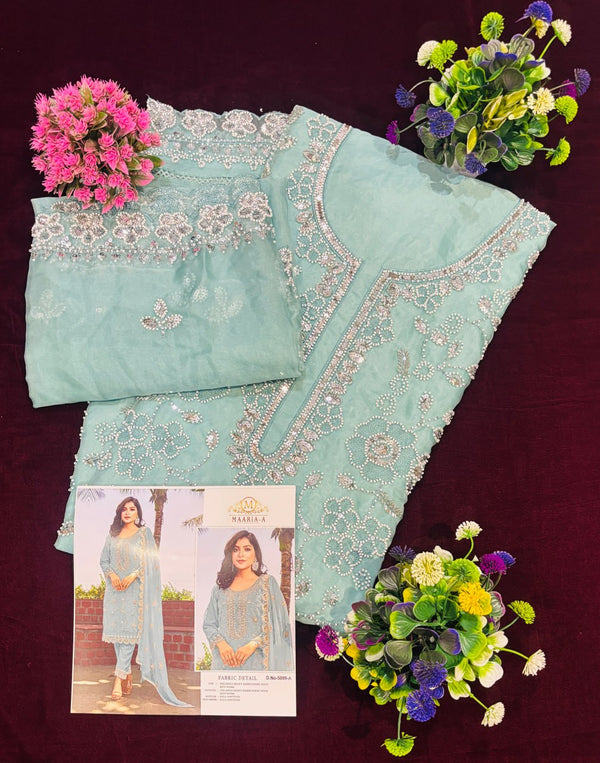 Heavy Embroidered Organza Suit with Moti Dupatta