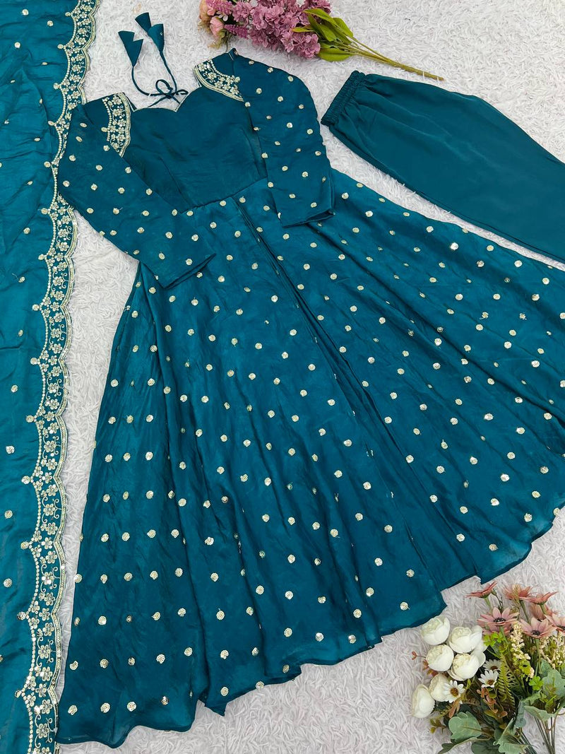 Luxury Fandy Silk Embroidered Gown with Dupatta & Pant