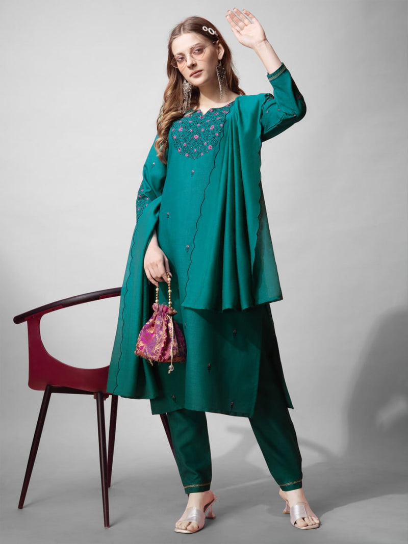 Kuala Collection Present  Cotton with Embroidery work Kurti With Duppata And Bottom wear 3 Pice Set