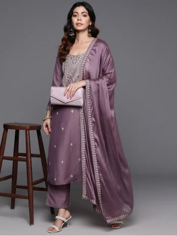 Elegant Viscose Chanderi Heavy Thread Embroidery Work Kurta Pant Set Stitched