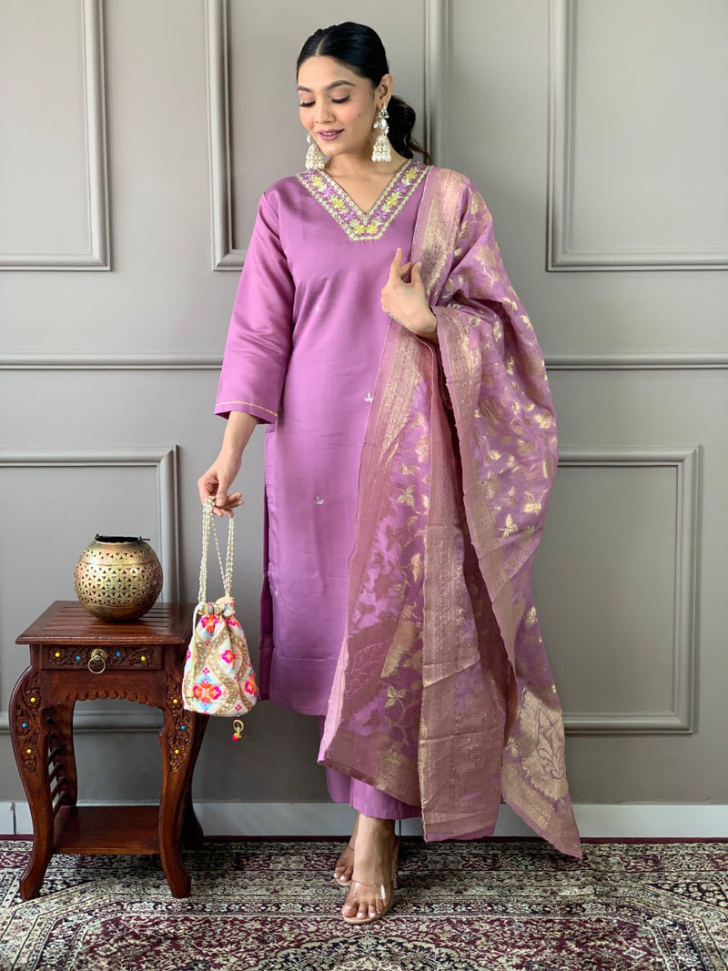 Floral Printed V-Neck Thread Work Straight Kurta With Trousers & Dupatta