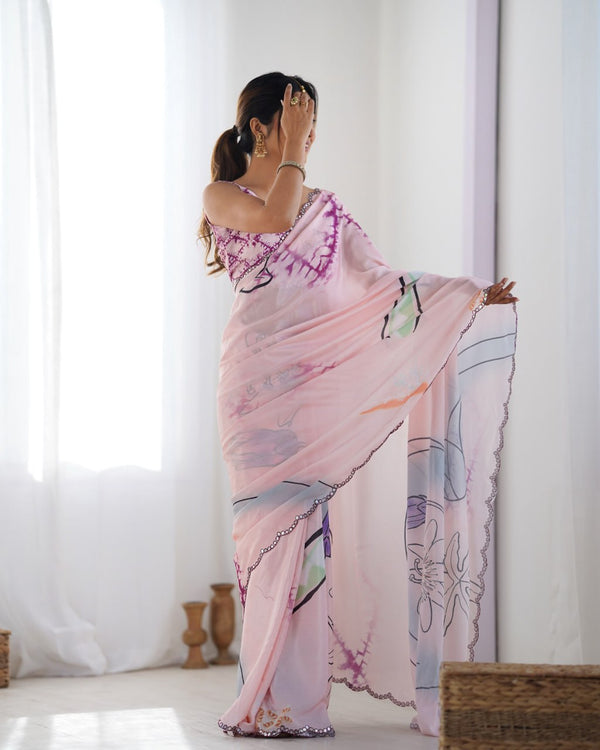 Graceful Baby Pink Chinon Saree with Abstract Print & Kutchi Mirror Lace with Designer Magenta Blouse