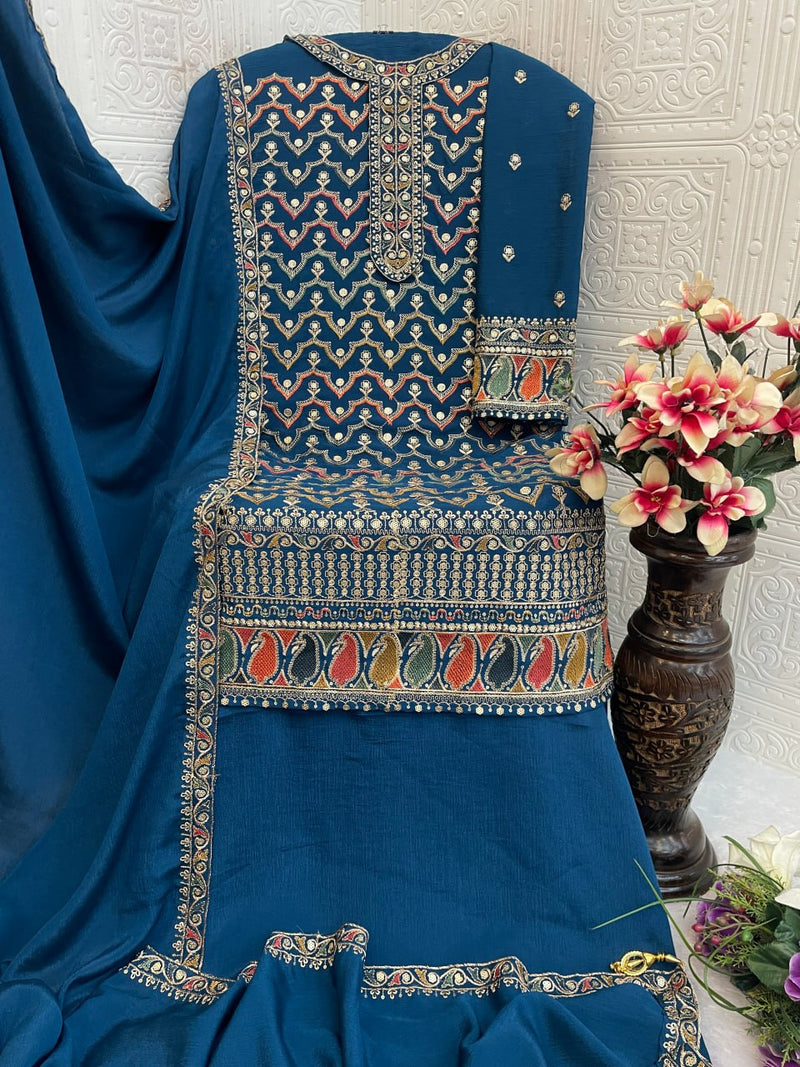 Designer Chinon Silk Suit Set with Dupatta