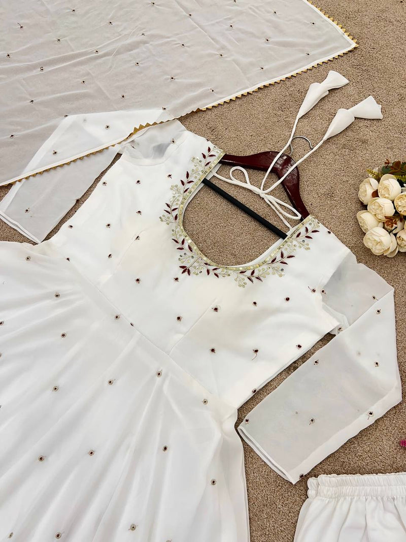 Fully Stitched Faux Georgette Gown Set with Embroidery & Lace Dupatta