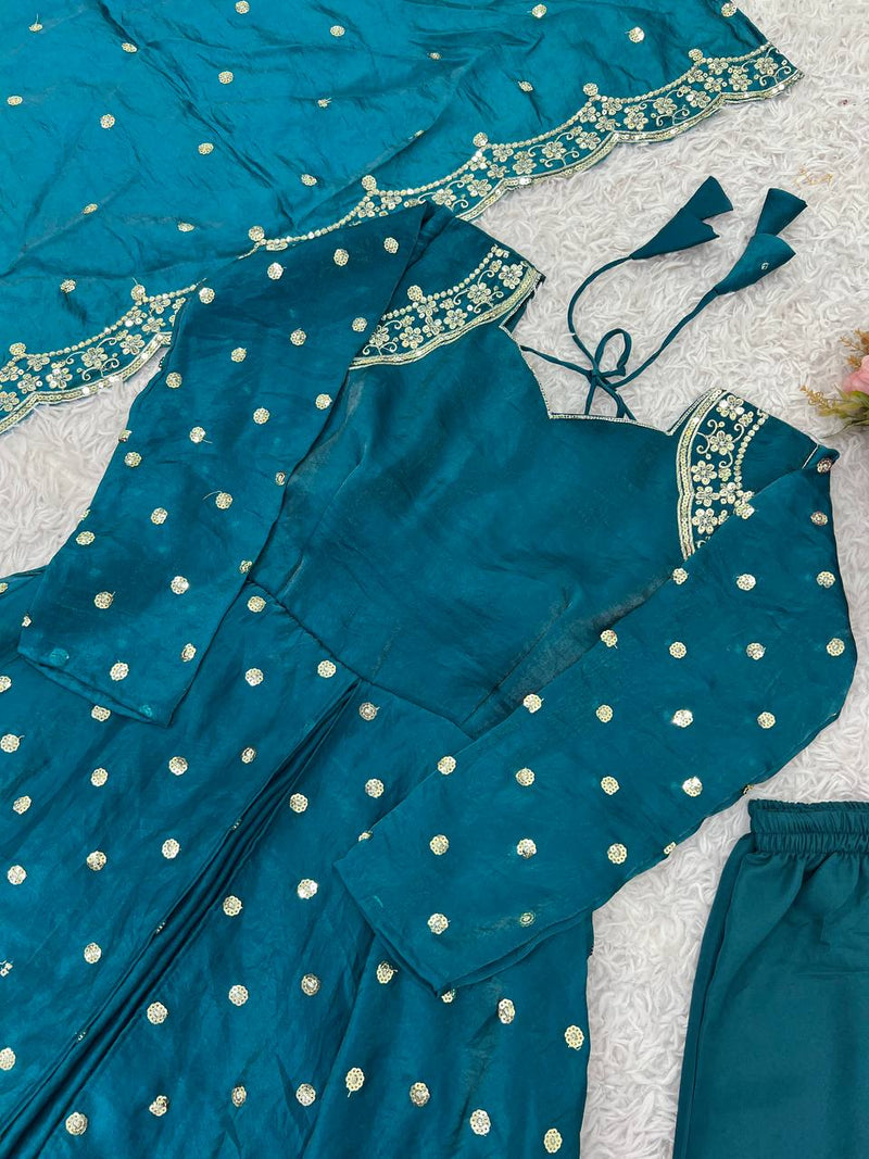 Luxury Fandy Silk Embroidered Gown with Dupatta & Pant