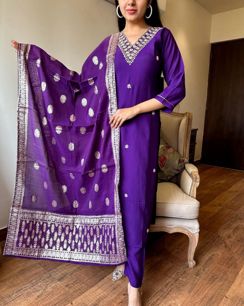 Gorgeous Silk Chanderi Embroidered Kurti Set with Jacquard Dupatta