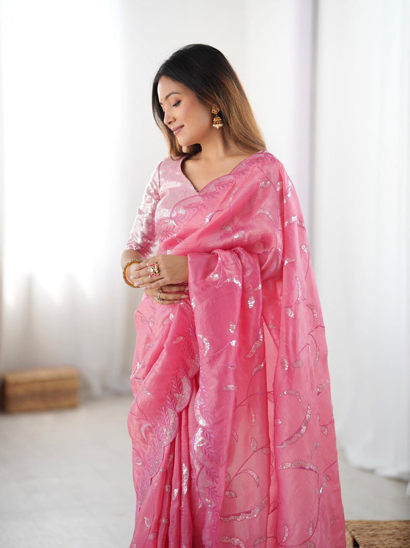 Stunning Partywear Gold Crush Sequin Saree with Dual Side Work Blouse