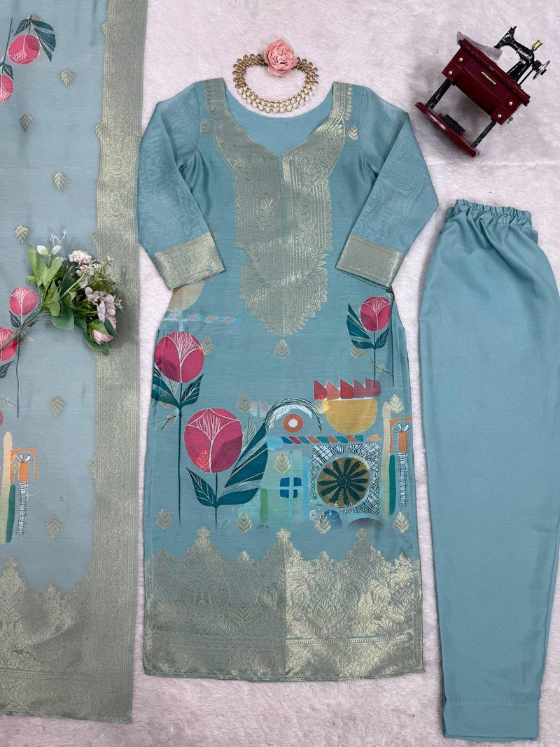 Wholesale Chanderi Silk Jacquard & Digital Print Suit with Micro Pants