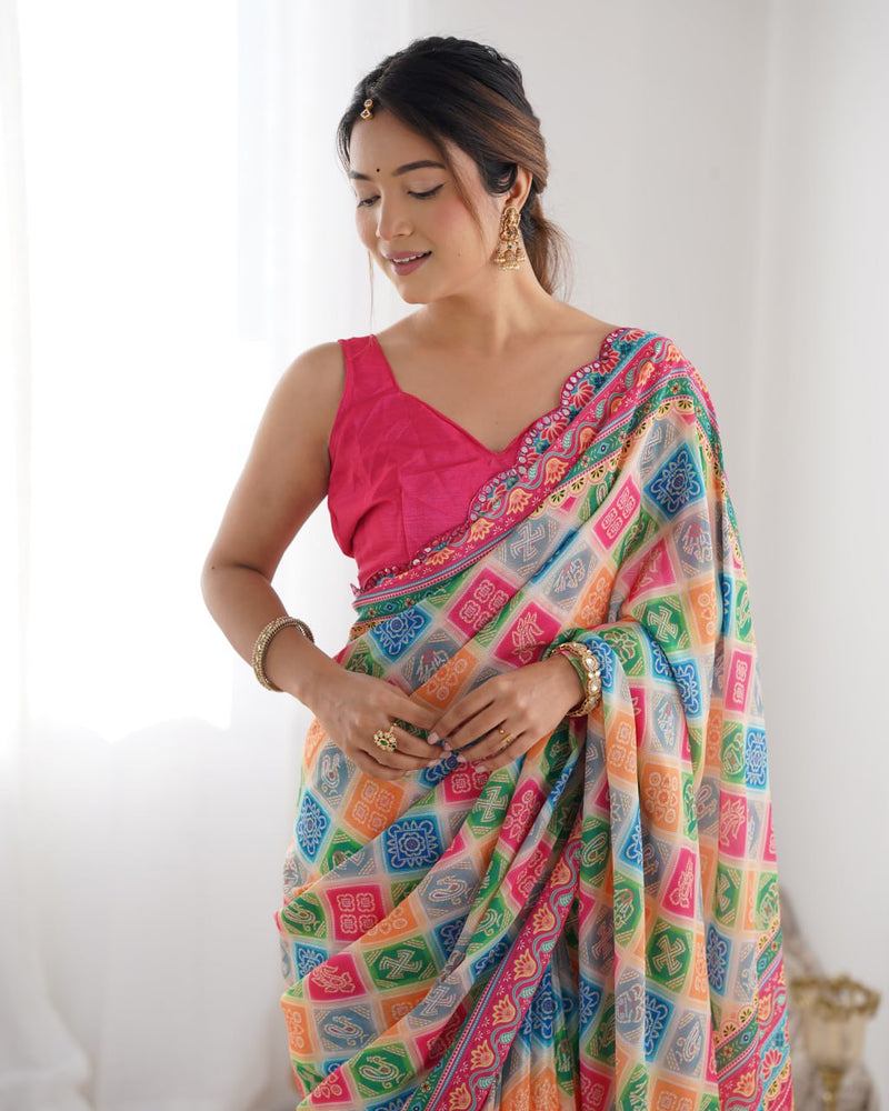Vibrant Rajasthani Bandhani Patchwork Saree with Rani Pink Blouse