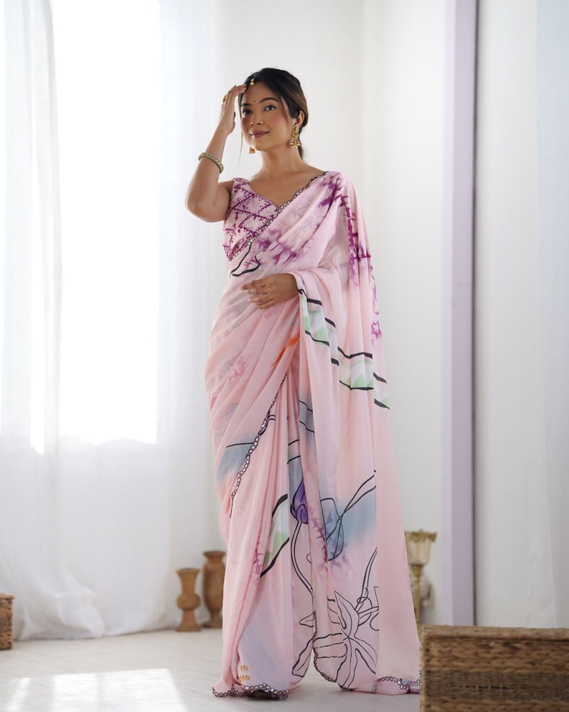 Graceful Baby Pink Chinon Saree with Abstract Print & Kutchi Mirror Lace with Designer Magenta Blouse