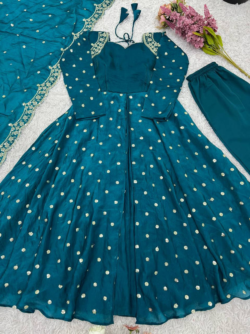 Luxury Fandy Silk Embroidered Gown with Dupatta & Pant