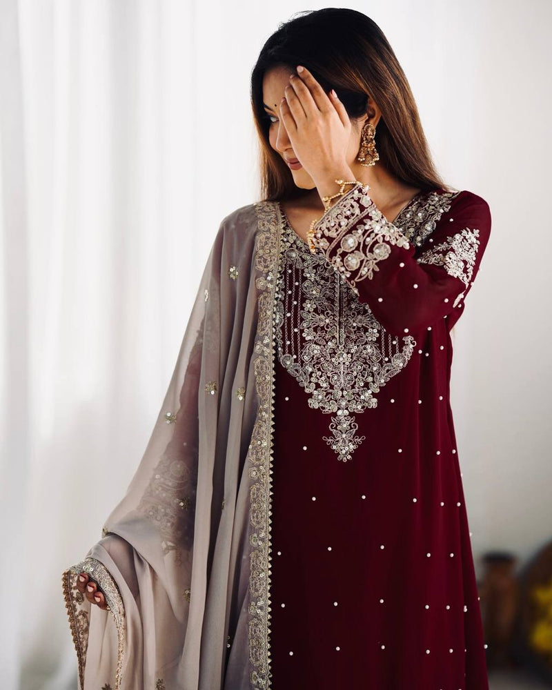 Rich Faux Georgette Stitched Suit Set with Embroidered Plazzo & Dupatta