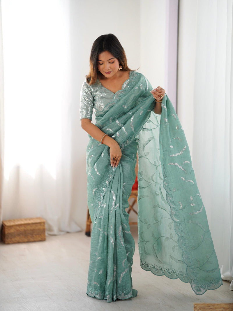 Designer Sequin Work Saree in Gold Crush Fabric with Matching Blouse