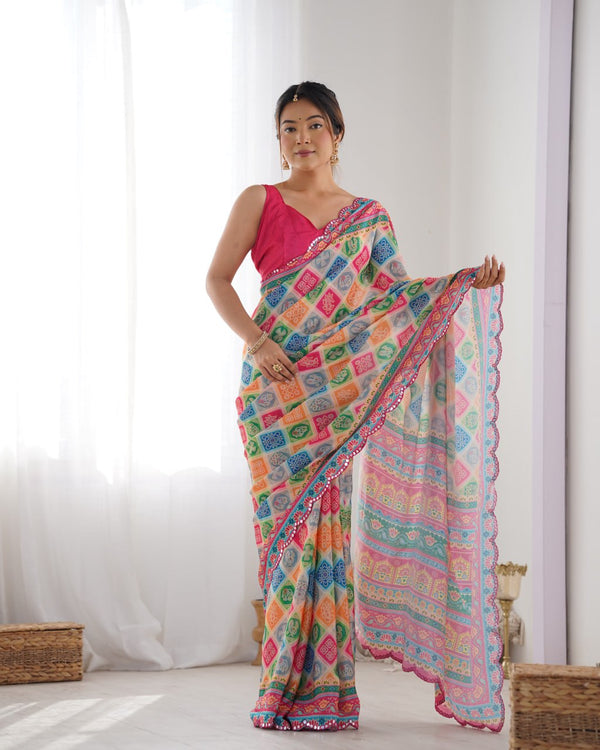 Vibrant Rajasthani Bandhani Patchwork Saree with Rani Pink Blouse