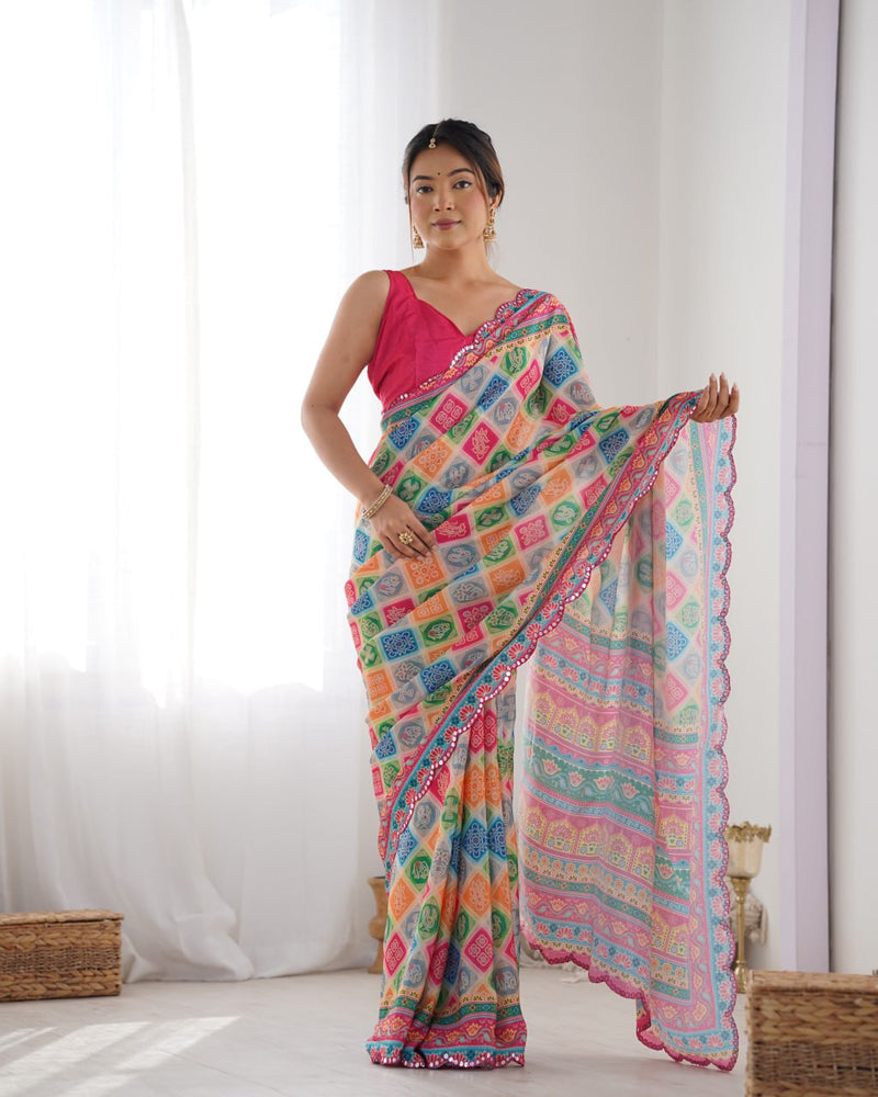 Vibrant Rajasthani Bandhani Patchwork Saree with Rani Pink Blouse