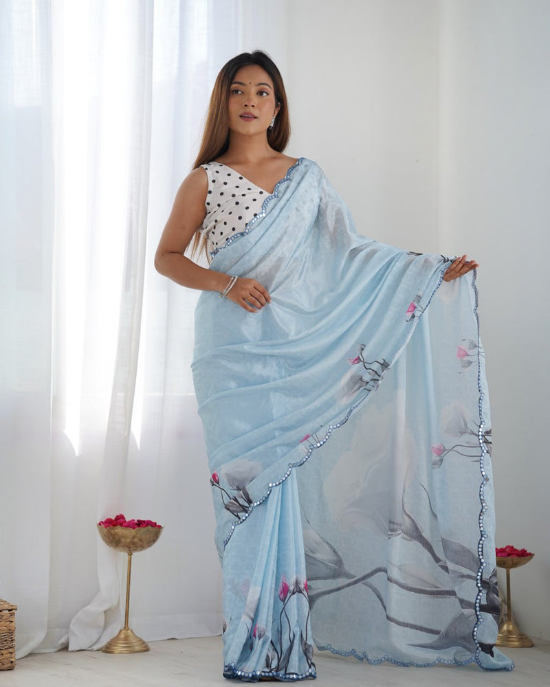 Soft & Stunning Light Blue Saree with Artistic Prints and Lace Border With Unstitched Blouse