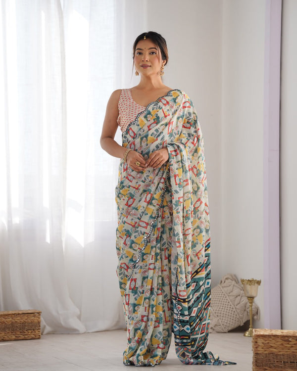 Ivory Chinnon Saree with Geometric Mirror Magic With Matching heavy Chinon blouse