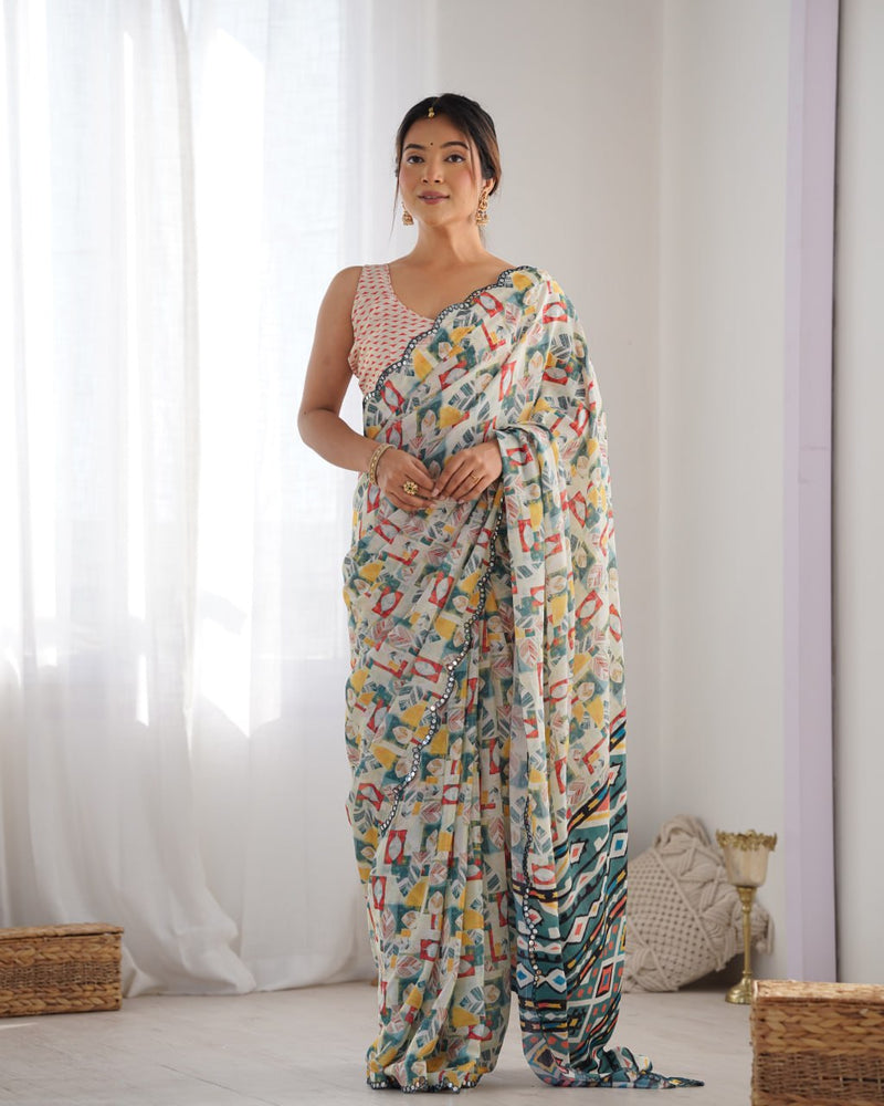 Ivory Chinnon Saree with Geometric Mirror Magic With Matching heavy Chinon blouse