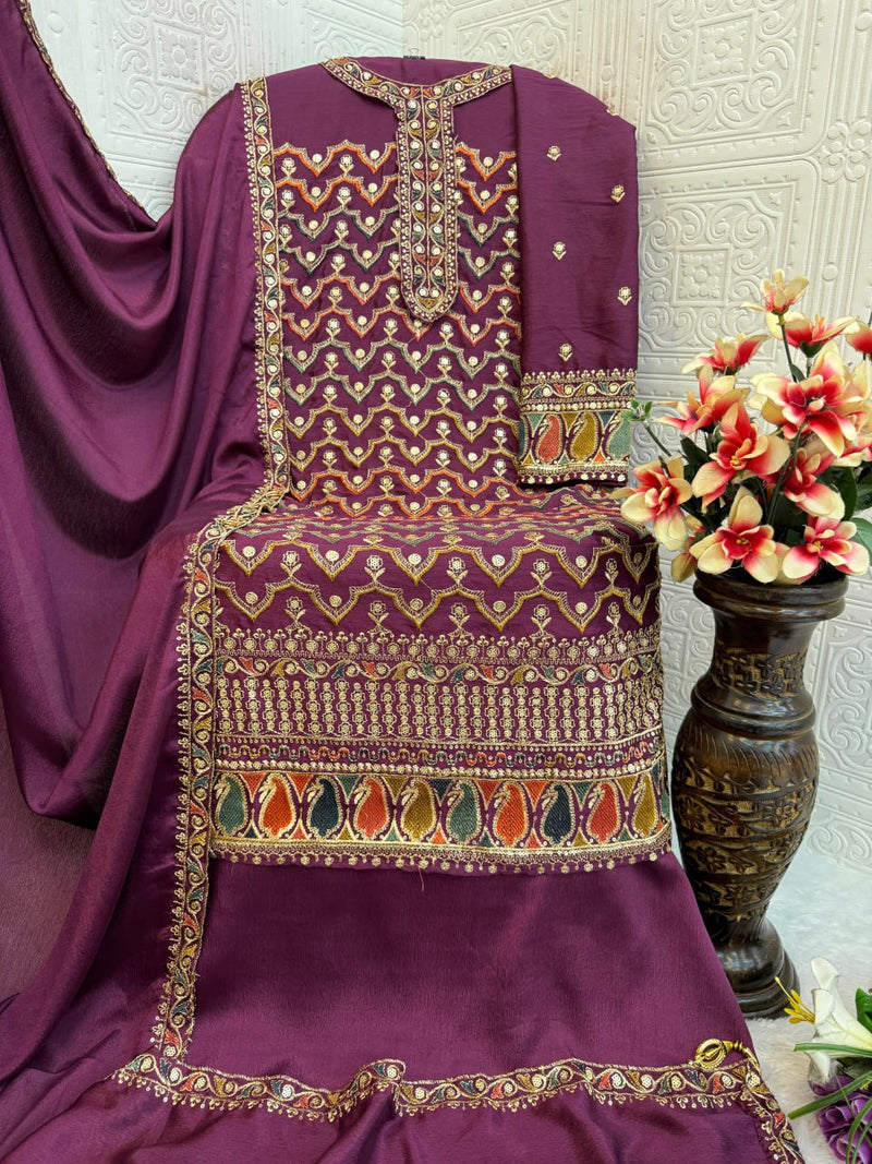 Designer Chinon Silk Suit Set with Dupatta