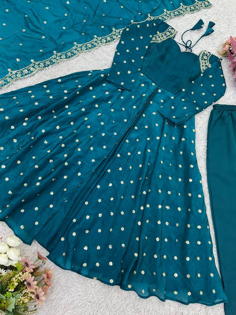 Luxury Fandy Silk Embroidered Gown with Dupatta & Pant