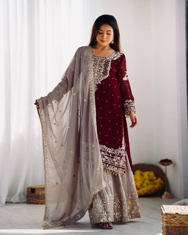 Rich Faux Georgette Stitched Suit Set with Embroidered Plazzo & Dupatta