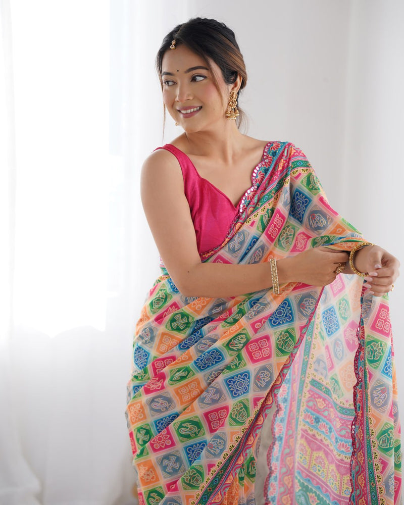 Vibrant Rajasthani Bandhani Patchwork Saree with Rani Pink Blouse