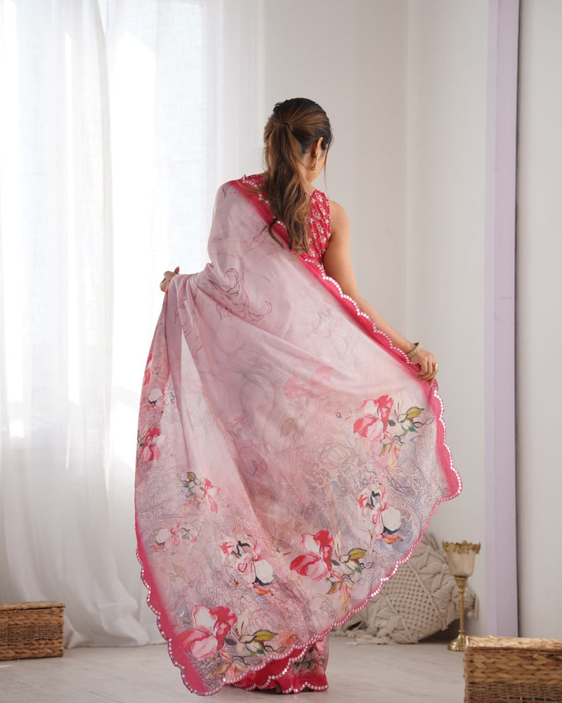 Blush Rose Chinnon Saree with Floral Print & Kutchi Mirror Lace With Blouse