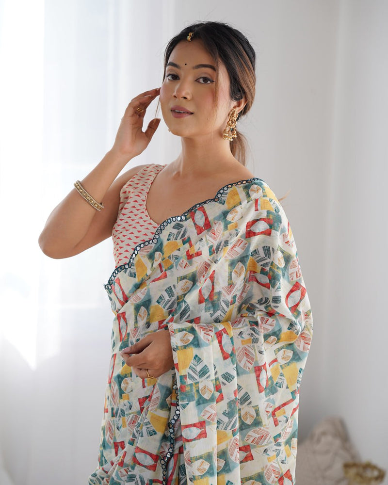 Ivory Chinnon Saree with Geometric Mirror Magic With Matching heavy Chinon blouse