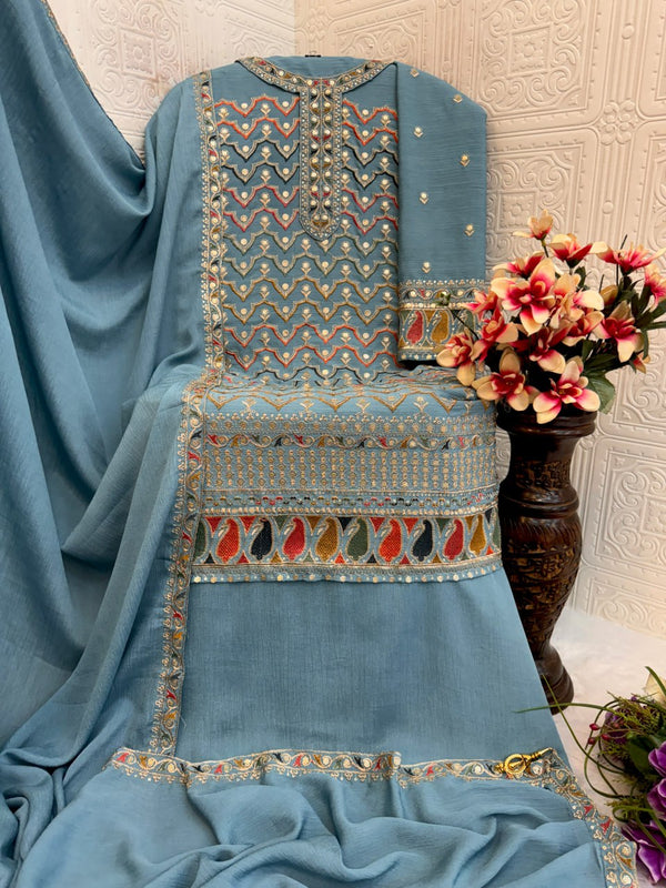 Designer Chinon Silk Suit Set with Dupatta