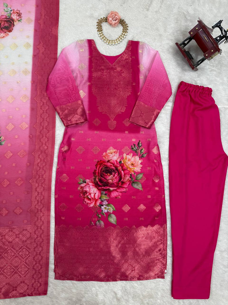 Premium Chanderi Silk Jacquard & Digital Print Suit with Micro Pants