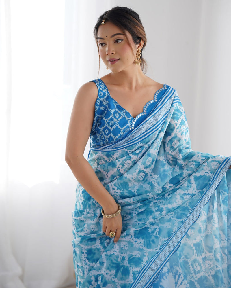 Designer Heavy Chinon Saree with Mirror Work & Unstitched Blouse