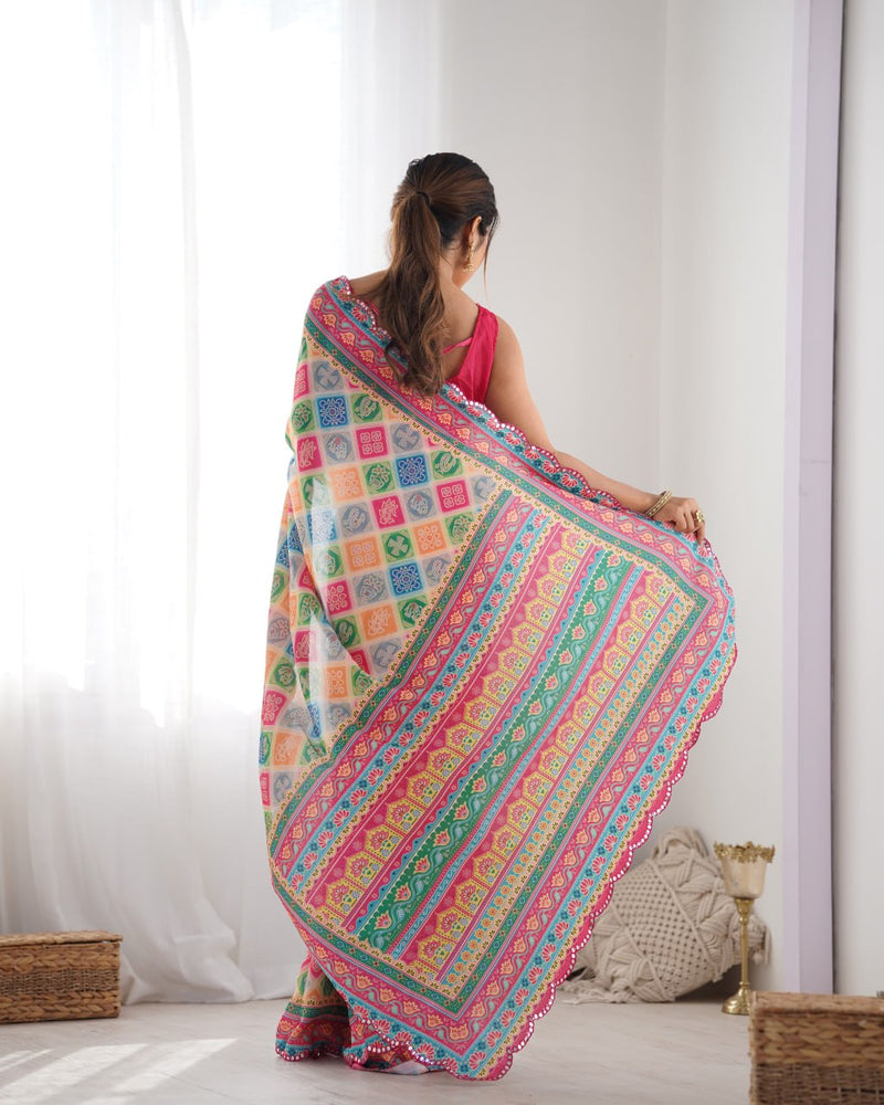 Vibrant Rajasthani Bandhani Patchwork Saree with Rani Pink Blouse
