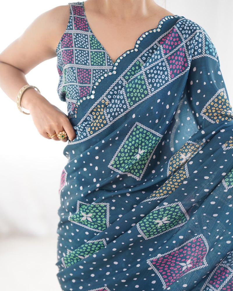 Artisanal Elegance Bandhani Saree in Teal with Multicolor Geometric Motifs
