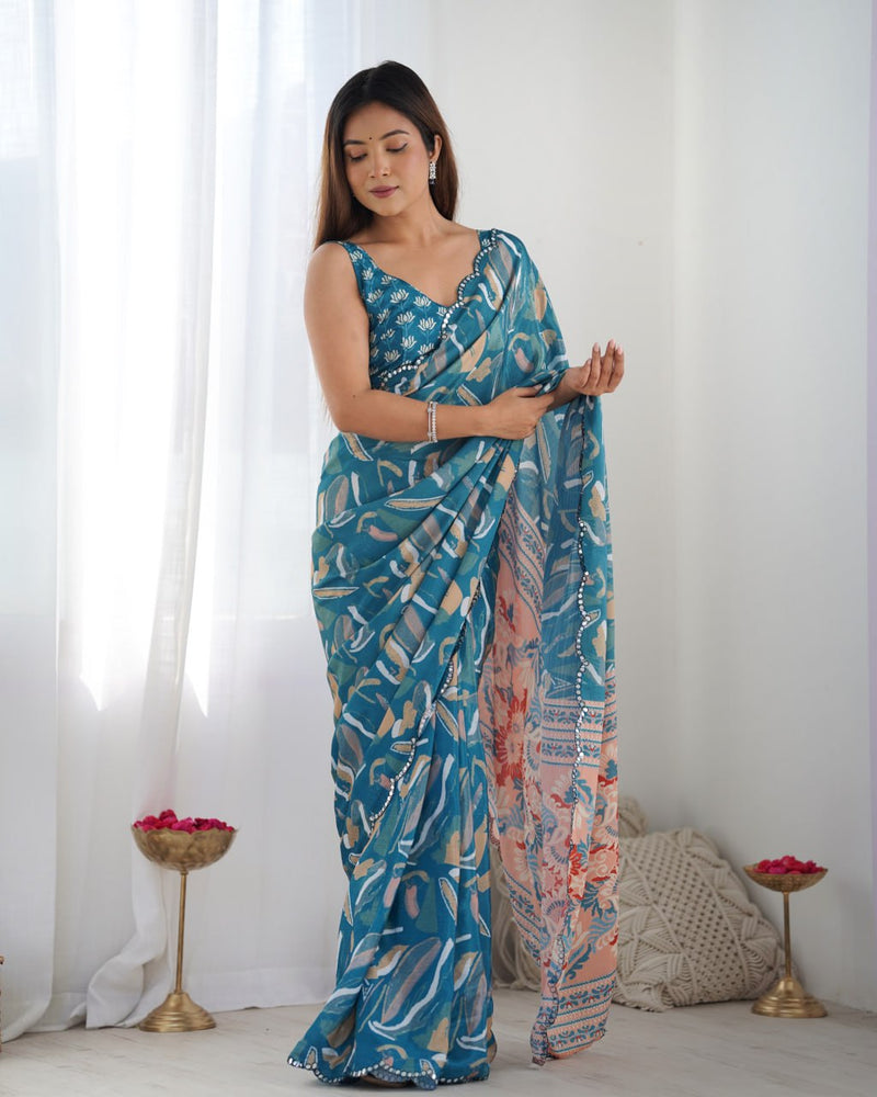 Royal Teal Reverie Heavy Chinon Saree with Beautiful Kutchi Mirror Detailing & Blouse
