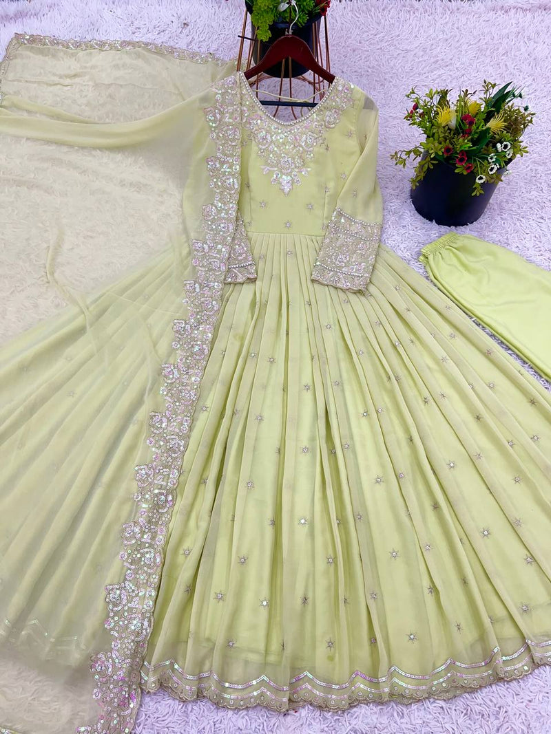 Boutique Heavy Designer Georgette Gown Set with Moti & Sequence Work