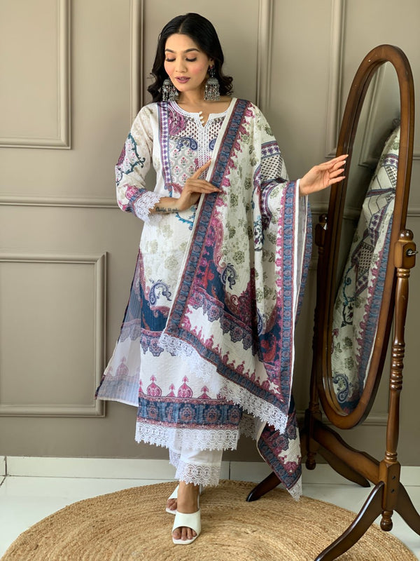 Elegant White Kora Muslin Kurti Set with Printed Work And Dupatta