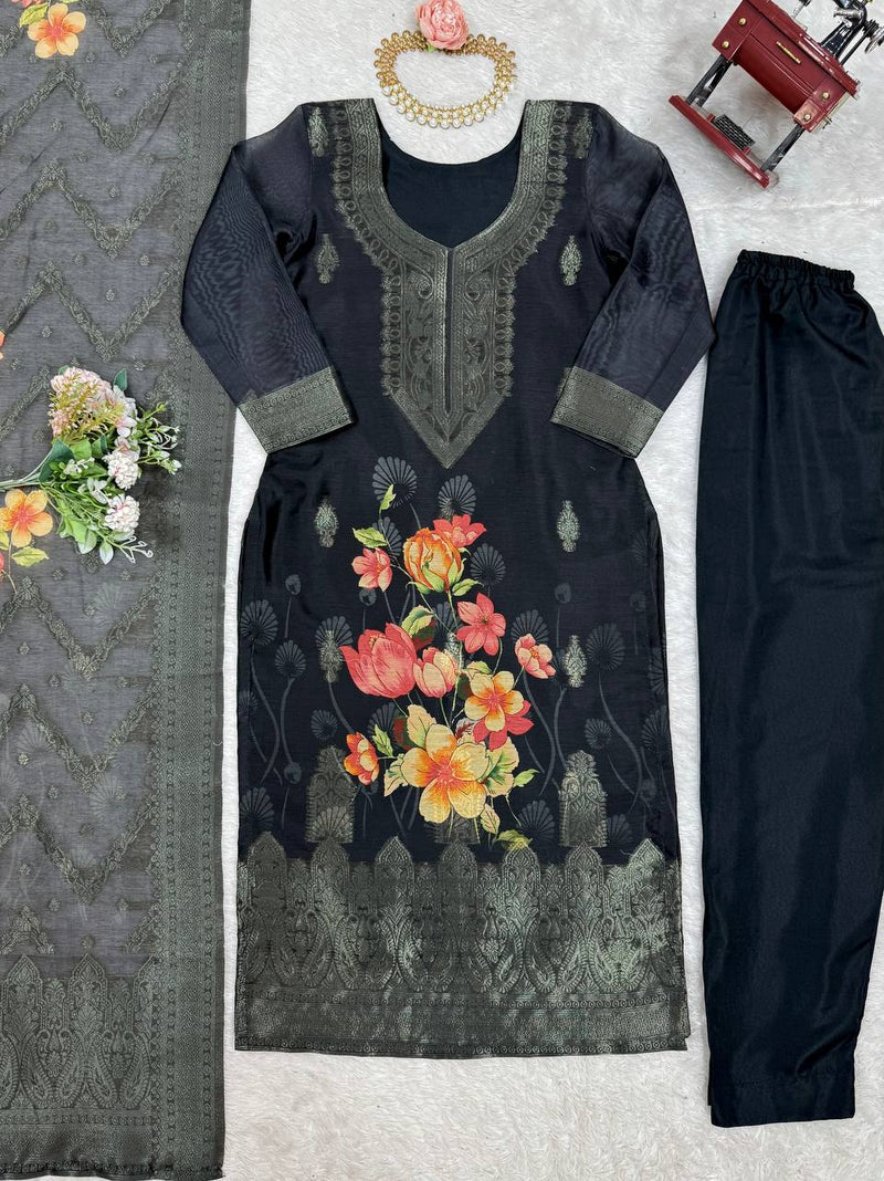 Stylish Jacquard Chanderi Silk Dress Set with Elastic Waist Pants