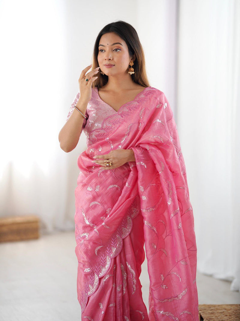 Stunning Partywear Gold Crush Sequin Saree with Dual Side Work Blouse
