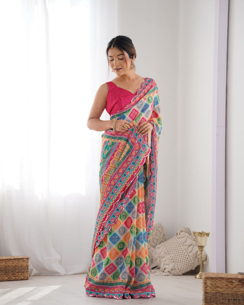 Vibrant Rajasthani Bandhani Patchwork Saree with Rani Pink Blouse