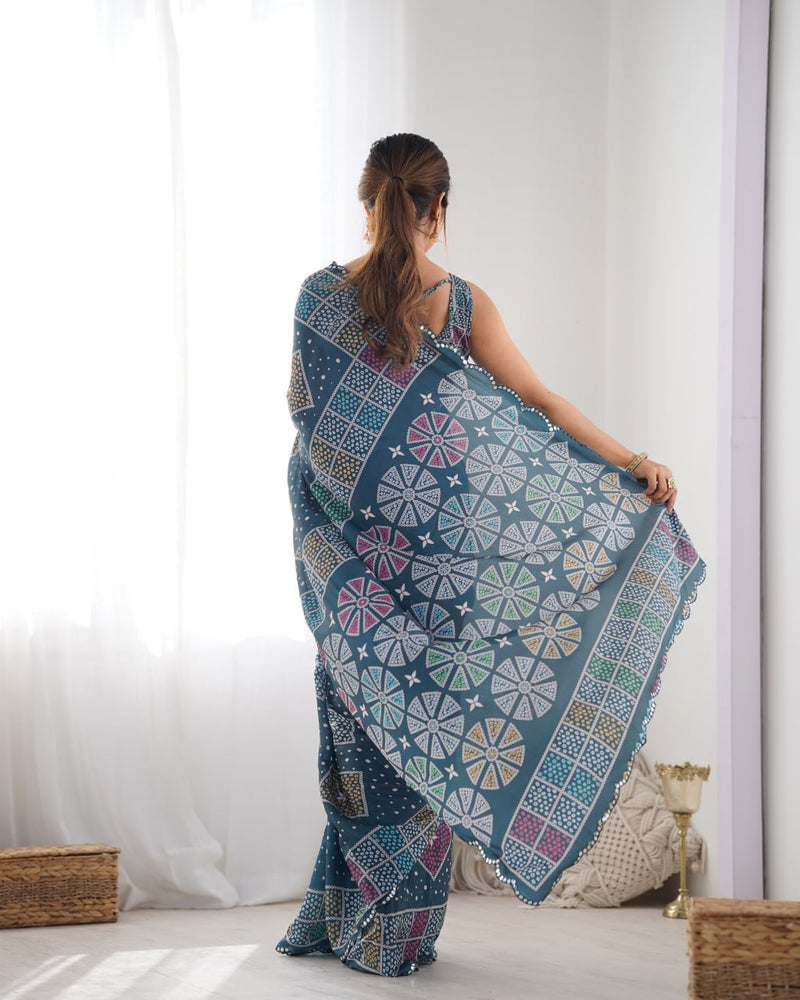 Artisanal Elegance Bandhani Saree in Teal with Multicolor Geometric Motifs