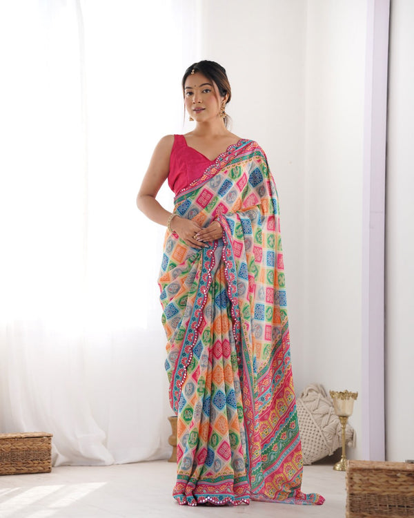 Vibrant Rajasthani Bandhani Patchwork Saree with Rani Pink Blouse