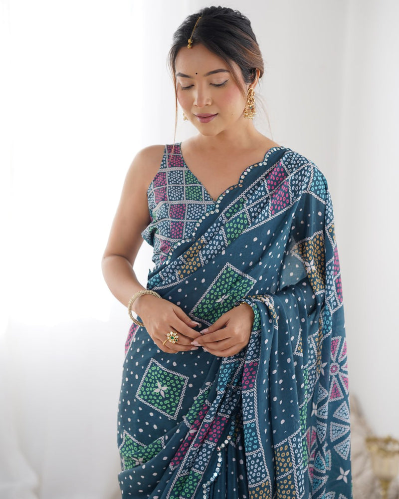 Artisanal Elegance Bandhani Saree in Teal with Multicolor Geometric Motifs