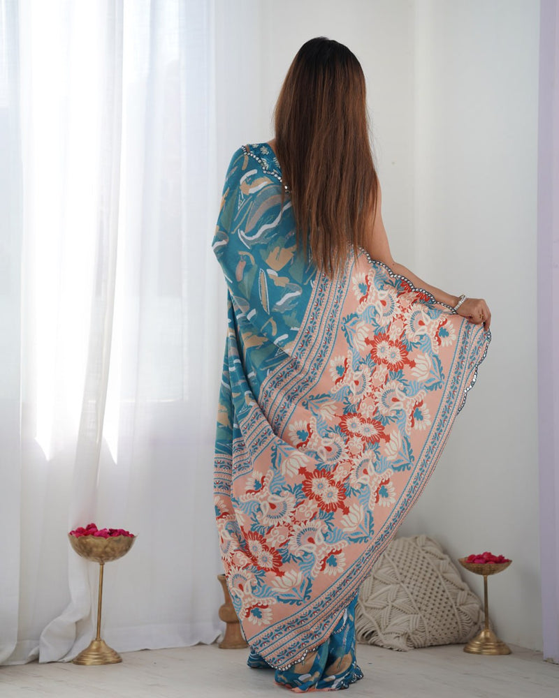 Royal Teal Reverie Heavy Chinon Saree with Beautiful Kutchi Mirror Detailing & Blouse