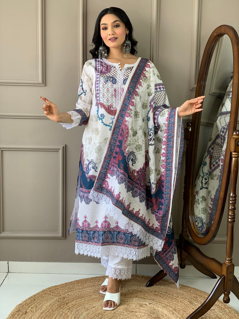 Elegant White Kora Muslin Kurti Set with Printed Work And Dupatta